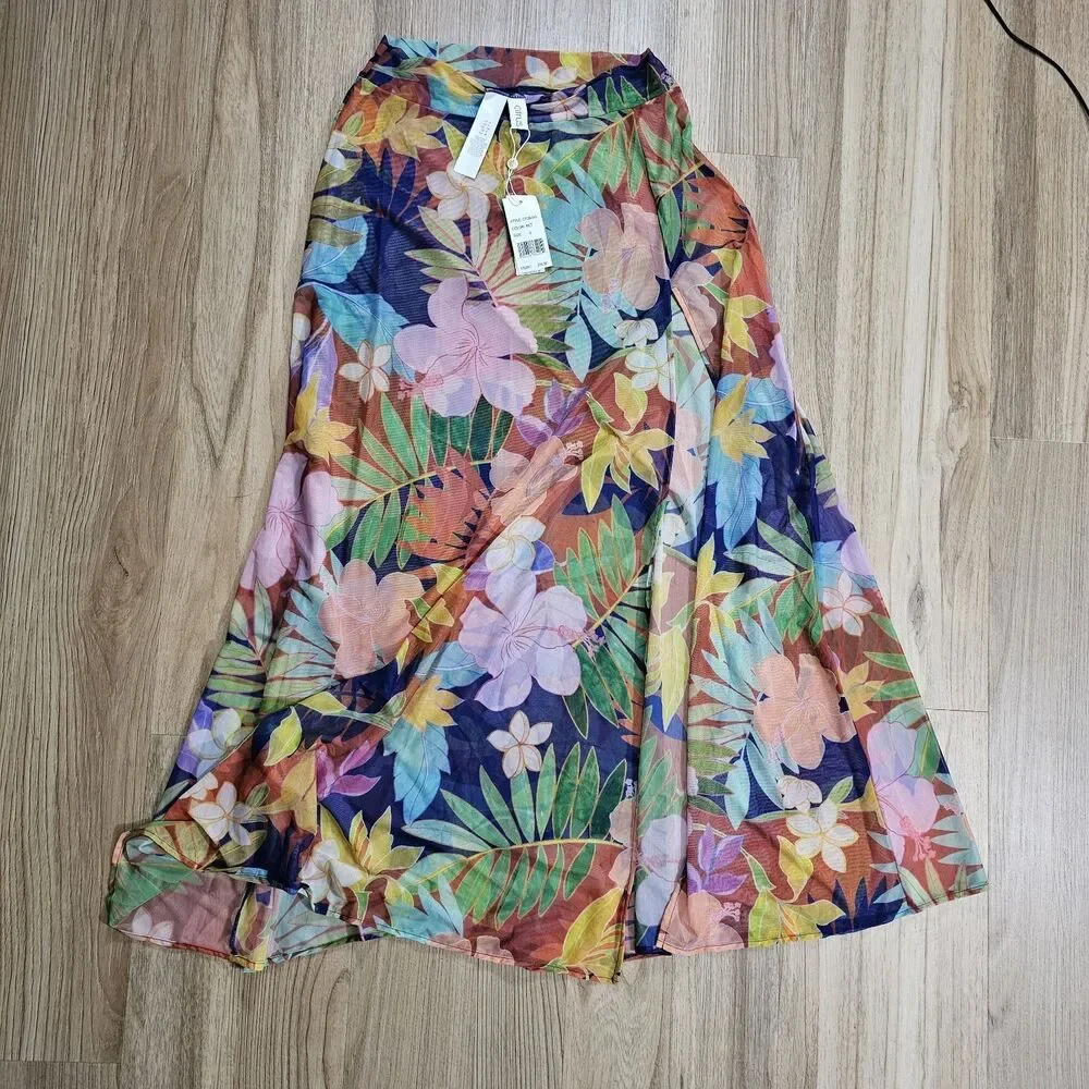 Citrus Multi-Colored Hawaiian Flowers Beach Sarong High Slit Cover Up Size Small